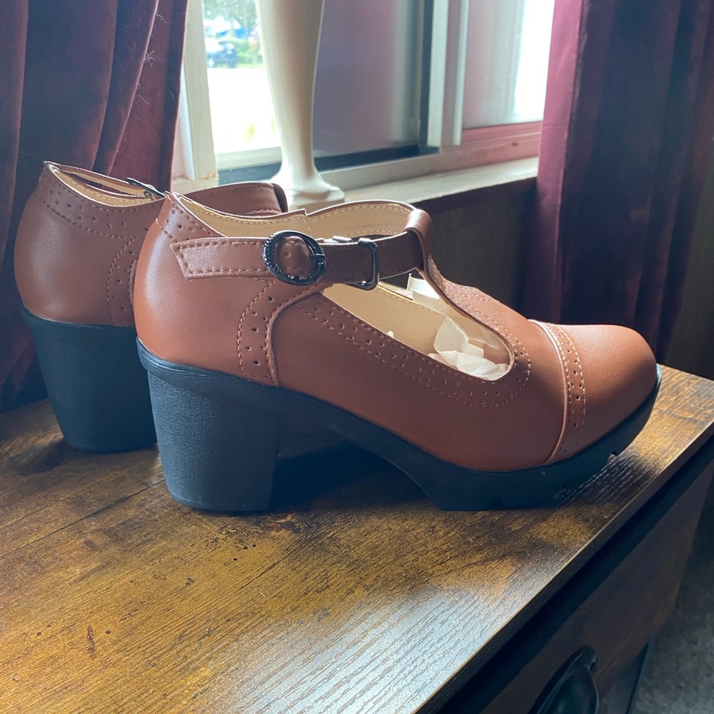 Tan T-Strap Block Heel Shoes